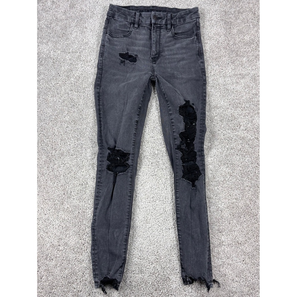 American Eagle Forever Soft Distressed Skinny Jeans Gray Black Womens Size 2 Reg